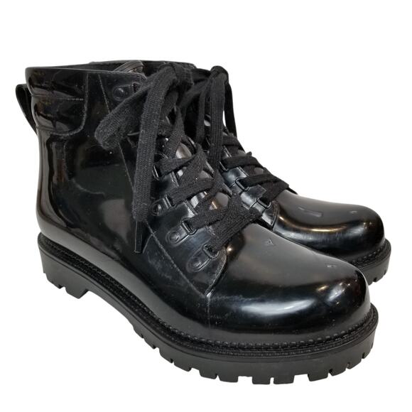 Circus by Sam Edelman Women's Black Lace Up Lug Sole Shiny Rubber Rain Boots 9 - Picture 1 of 11